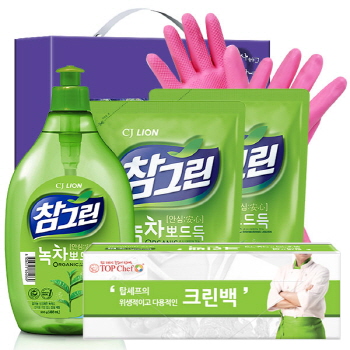 유기농 참그린500용기 녹차300리필2P 크린백 고무장갑32cm 5종